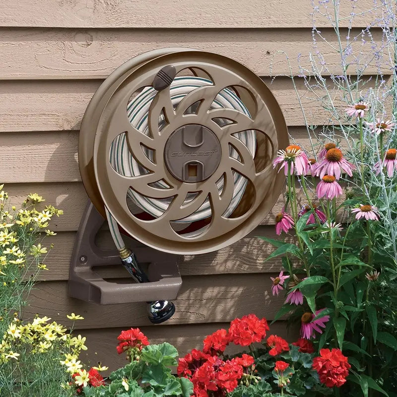 SUNCAST Wall-Mounted Side Tracker Garden Hose Reel, 125 ft 5/8 in, Tan - STA125B