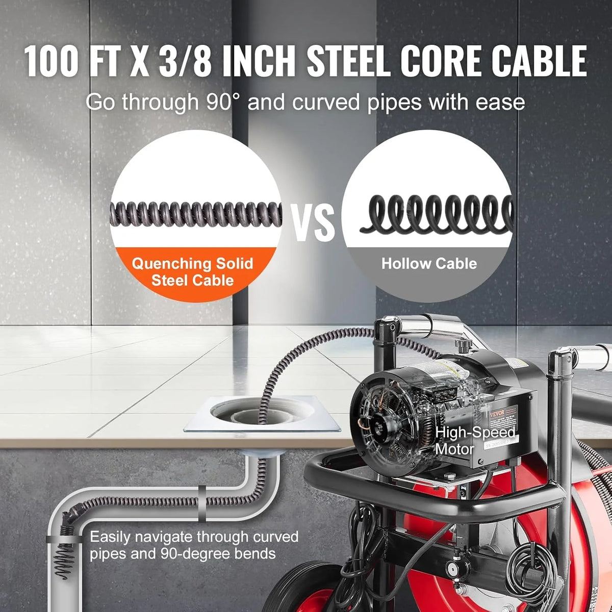 VEVOR Drain Cleaner Machine 100FT x 1/2 Inch, 550W, 8 Cutters, Red + Black