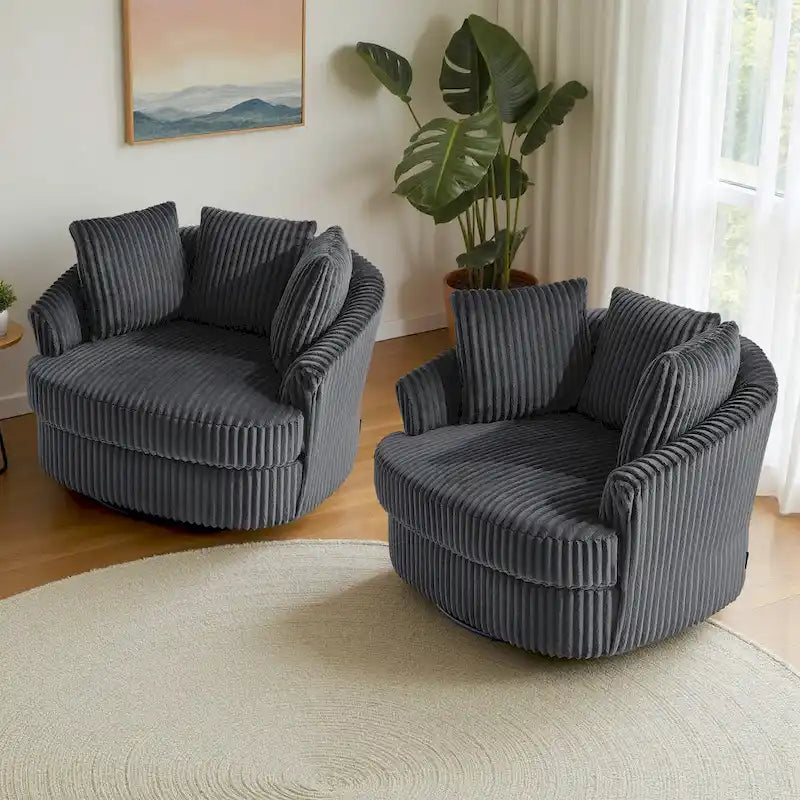 2-Piece Oversized 43 W Plush Corduroy Swivel Barrel Chairs With Pillows
