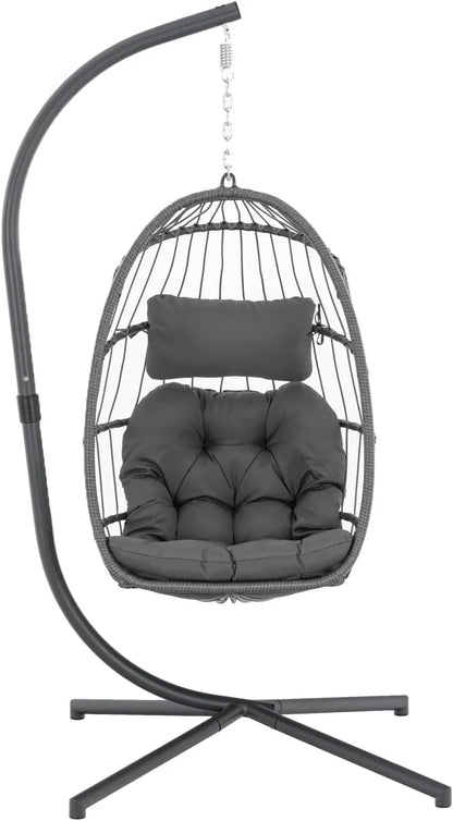 Yechen Indoor Outdoor Wicker Hanging Egg Chair With Stand, 38 x 38 x 78 Inches, 350 lbs, Charcoal Grey - EG-001
