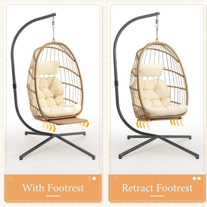 Yechen Indoor Outdoor Wicker Hanging Egg Chair With Stand, 38 x 38 x 78 Inches, 350 lbs, Charcoal Grey - EG-001