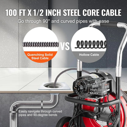 VEVOR Drain Cleaner Machine 100FT x 1/2 Inch, 550W, 8 Cutters, Red + Black