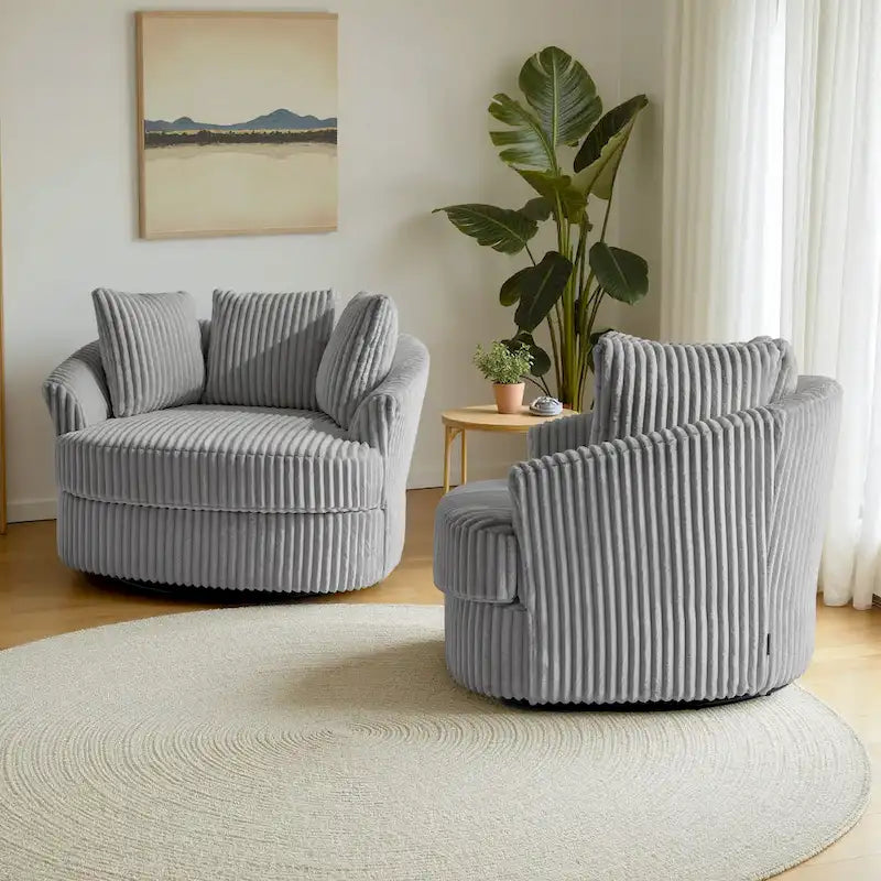 2-Piece Oversized 43 W Plush Corduroy Swivel Barrel Chairs With Pillows