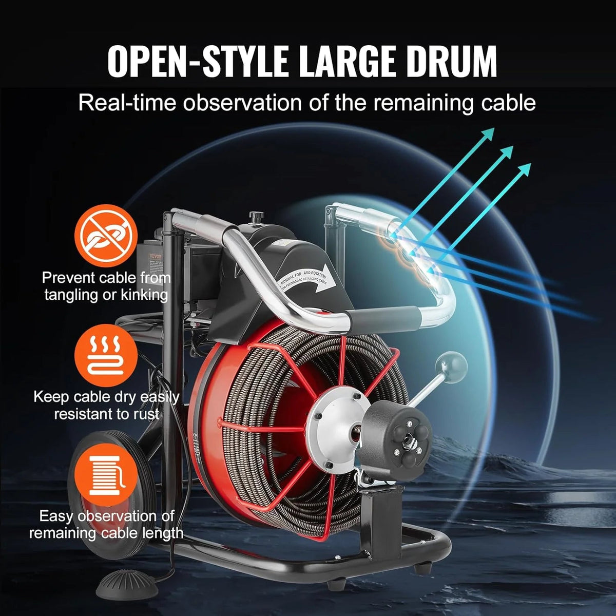 VEVOR Drain Cleaner Machine 100FT x 1/2 Inch, 550W, 8 Cutters, Red + Black