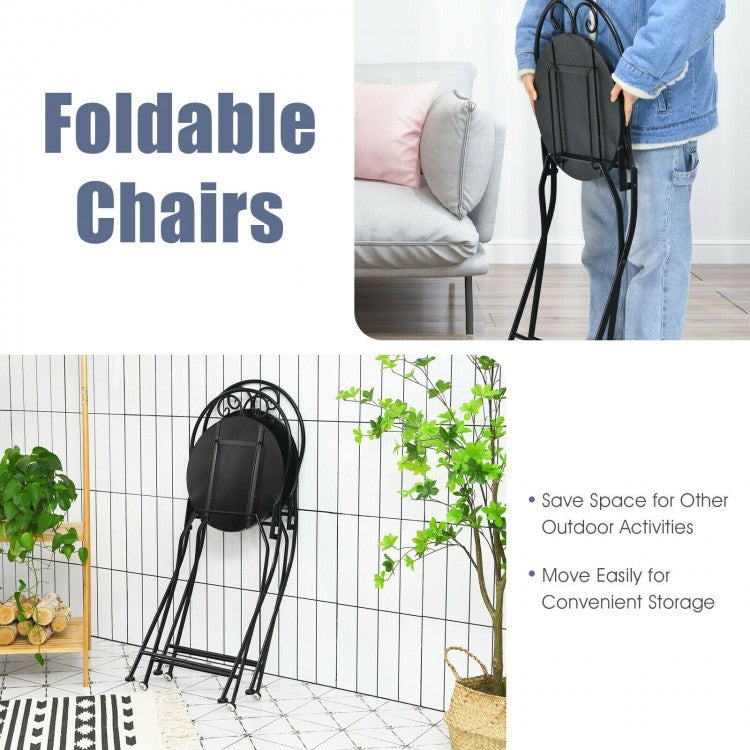 2-Piece Mosaic Folding Bistro Chairs With Ceramic Tile Seats - Black