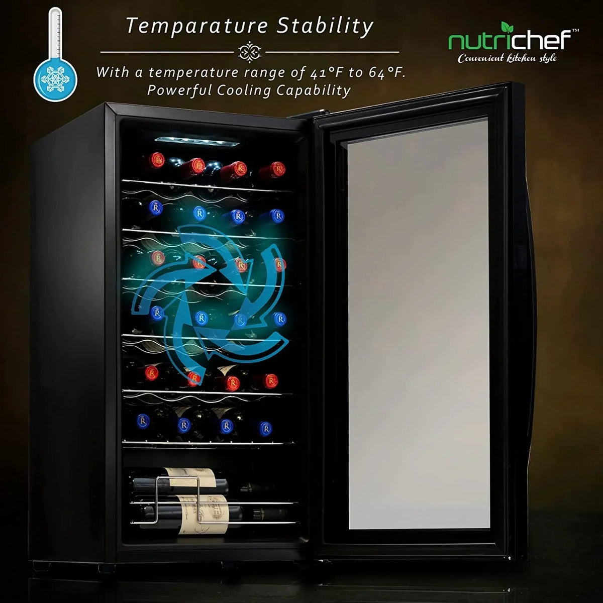 NutriChef Compressor Wine Cooler Refrigerator, 28 Bottle, Black Glass Door