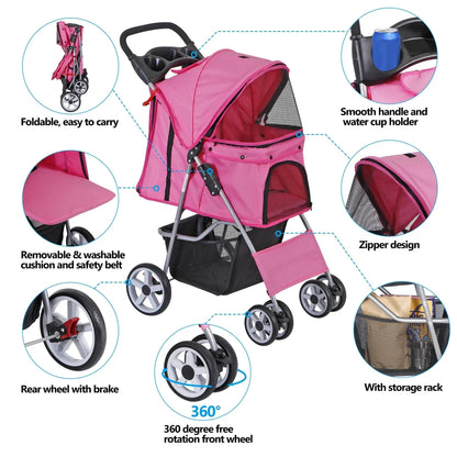 ZENY 4 Wheel Foldable Pet Stroller, Pink - 30 lbs