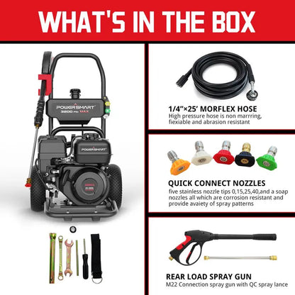 PowerSmart Gas Pressure Washer, 3200 PSI, 2.5 GPM, 5 Nozzles, 0.7 Gallon Gas Tank, 0.8 Gallon Soap Tank
