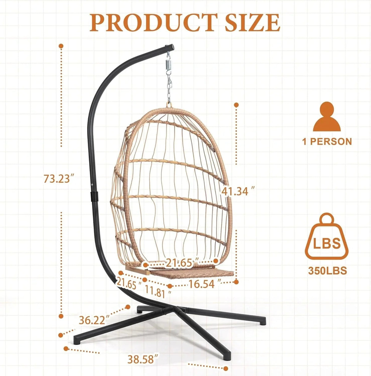 Yechen Indoor Outdoor Wicker Hanging Egg Chair With Stand, 38 x 38 x 78 Inches, 350 lbs, Charcoal Grey - EG-001