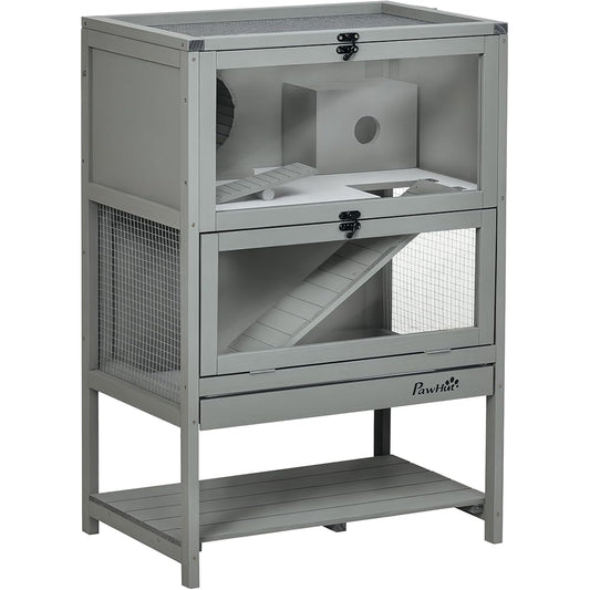 PawHut Wooden Hamster Cage With Lower Storage Shelf And Running Wheel