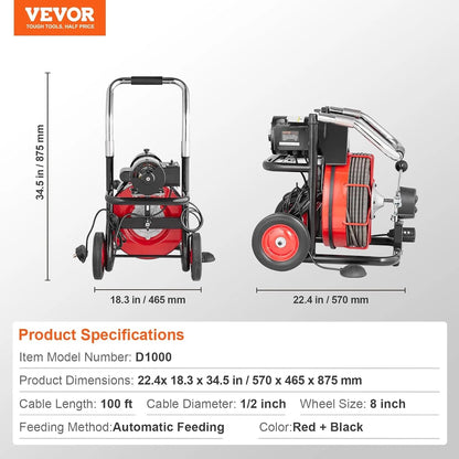 VEVOR Drain Cleaner Machine 100FT x 1/2 Inch, 550W, 8 Cutters, Red + Black
