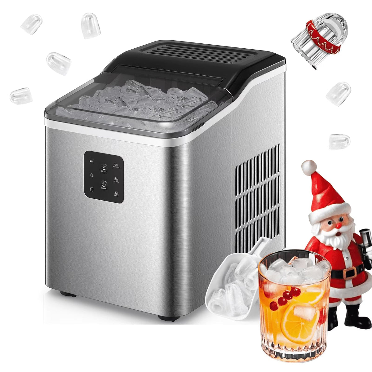 FOHERE Stainless Steel Countertop Ice Maker, 30lbs in 24h, 9 Bullet Cubes in 5 Mins, 2 Sizes, Self-Clean