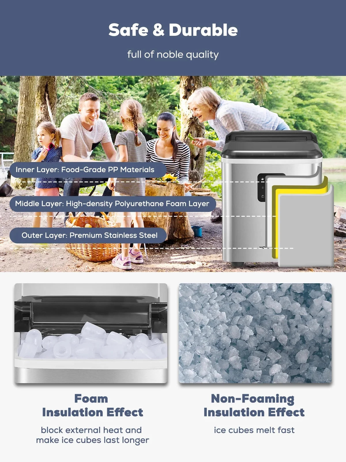 FOHERE Stainless Steel Countertop Ice Maker, 30lbs in 24h, 9 Bullet Cubes in 5 Mins, 2 Sizes, Self-Clean