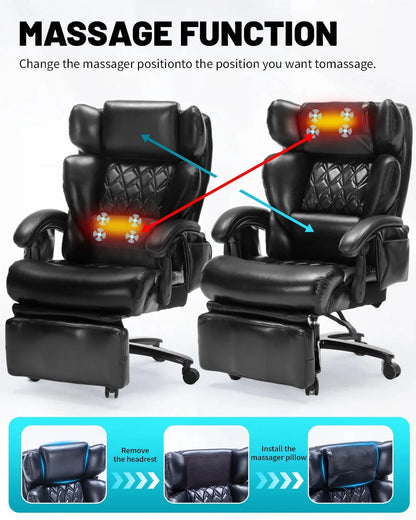 Big And Tall Executive Office Chair, 800 Lbs, 8-Node Massage, Heat, PU Leather, Adjustable Footrest