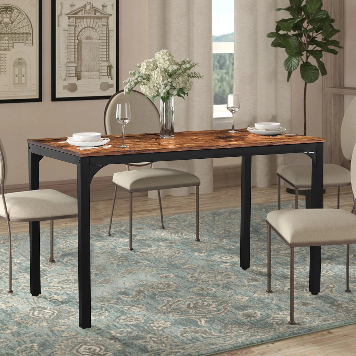 VEIKOUS 47in Industrial Dining Table Desk With Adjustable Footpad And Metal Frame