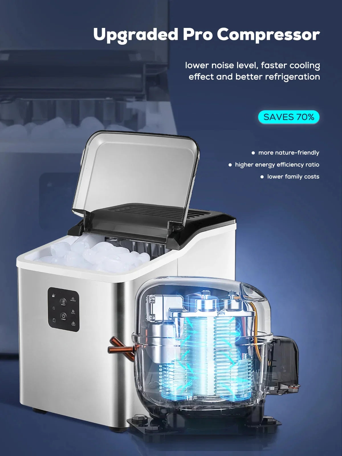 FOHERE Stainless Steel Countertop Ice Maker, 30lbs in 24h, 9 Bullet Cubes in 5 Mins, 2 Sizes, Self-Clean
