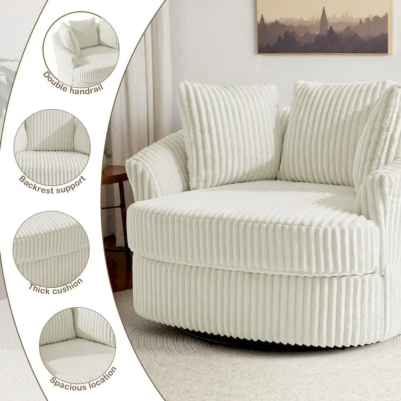 2-Piece Oversized 43 W Plush Corduroy Swivel Barrel Chairs With Pillows