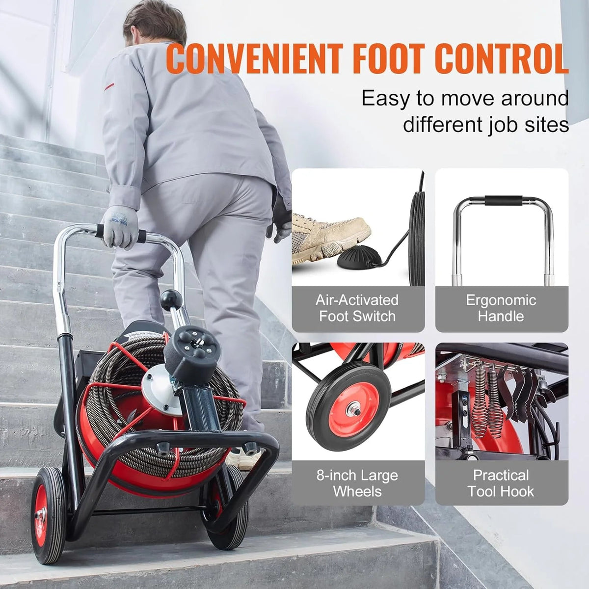 VEVOR Drain Cleaner Machine 100FT x 1/2 Inch, 550W, 8 Cutters, Red + Black