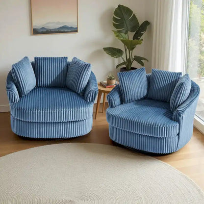 2-Piece Oversized 43 W Plush Corduroy Swivel Barrel Chairs With Pillows