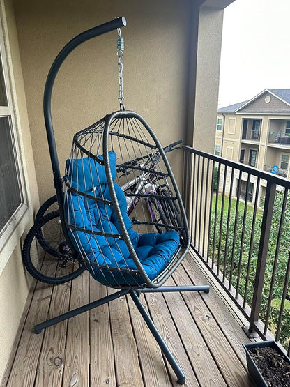 Yechen Indoor Outdoor Wicker Hanging Egg Chair With Stand, 38 x 38 x 78 Inches, 350 lbs, Charcoal Grey - EG-001