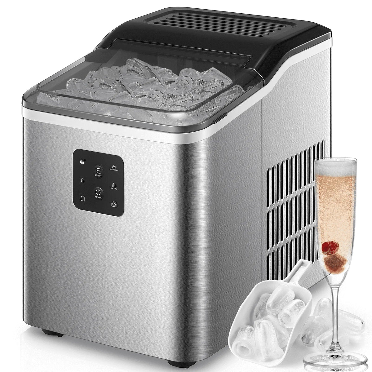 FOHERE Stainless Steel Countertop Ice Maker, 30lbs in 24h, 9 Bullet Cubes in 5 Mins, 2 Sizes, Self-Clean