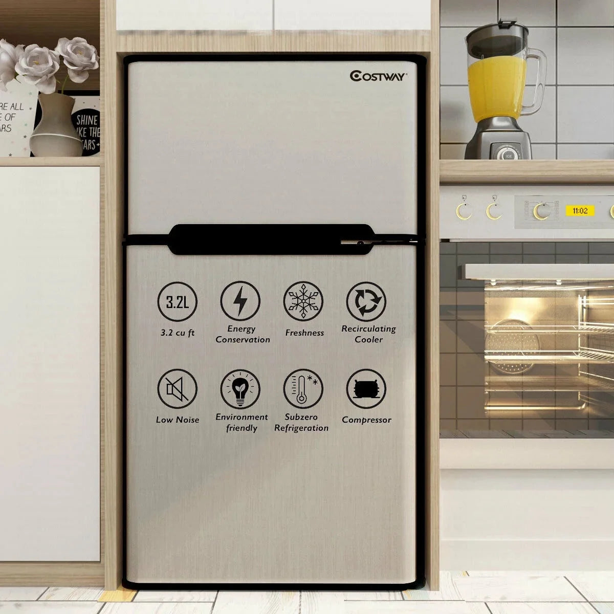 Costway Compact Refrigerator With Internal Freezer, Grey, 3.2 Cu. Ft.