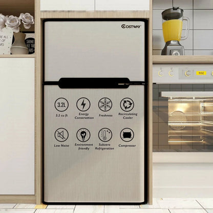 Costway Compact Refrigerator With Internal Freezer, Grey, 3.2 Cu. Ft.