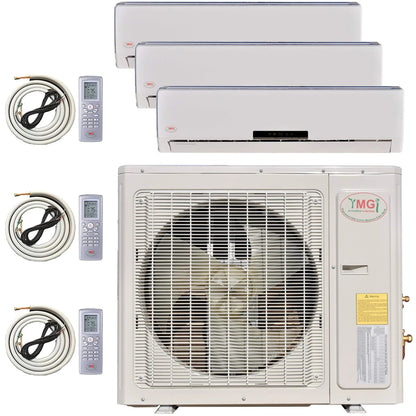 YMGI Tri-Zone Ductless Mini Split Air Conditioner 9000 12000 18000 BTU, 3 Zone, 25ft Linesets