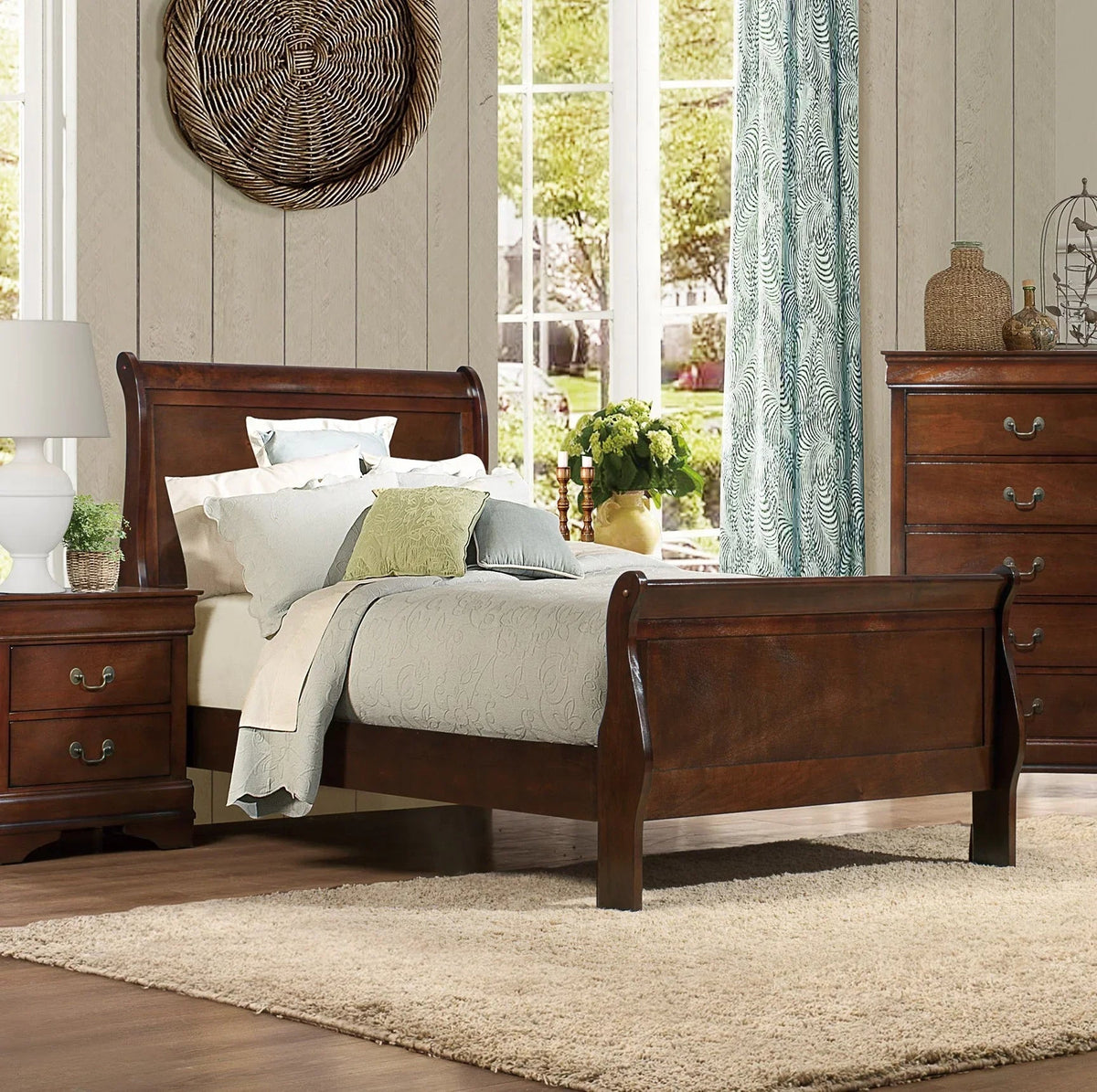 Homiyad Twin Size Sleigh Bed Brown Cherry Finish - Louis Philipe