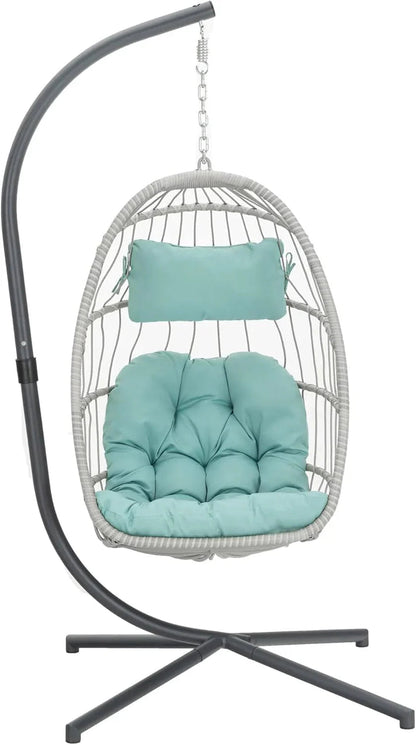 Yechen Indoor Outdoor Wicker Hanging Egg Chair With Stand, 38 x 38 x 78 Inches, 350 lbs, Charcoal Grey - EG-001