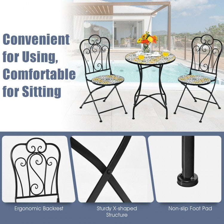 2-Piece Mosaic Folding Bistro Chairs With Ceramic Tile Seats - Black