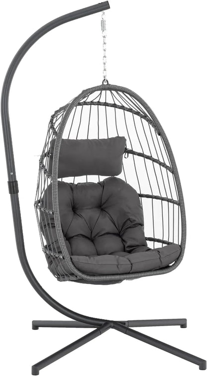 Yechen Indoor Outdoor Wicker Hanging Egg Chair With Stand, 38 x 38 x 78 Inches, 350 lbs, Charcoal Grey - EG-001