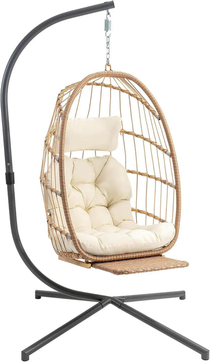 Yechen Indoor Outdoor Wicker Hanging Egg Chair With Stand, 38 x 38 x 78 Inches, 350 lbs, Charcoal Grey - EG-001