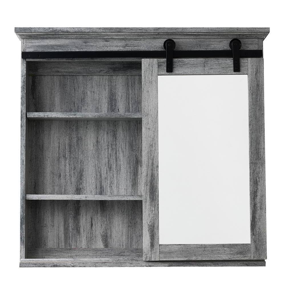 Wood Medicine Cabinet With Mirror, Washed Gray - Sliding Barn Door