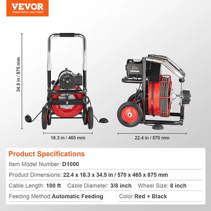 VEVOR Drain Cleaner Machine 100FT x 1/2 Inch, 550W, 8 Cutters, Red + Black