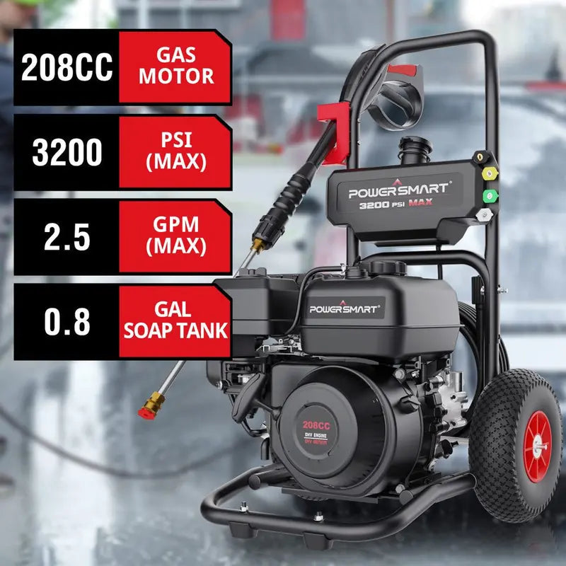 PowerSmart Gas Pressure Washer, 3200 PSI, 2.5 GPM, 5 Nozzles, 0.7 Gallon Gas Tank, 0.8 Gallon Soap Tank