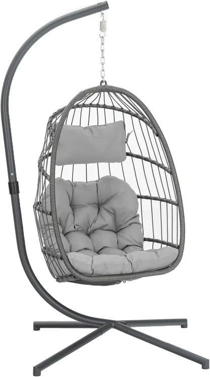 Yechen Indoor Outdoor Wicker Hanging Egg Chair With Stand, 38 x 38 x 78 Inches, 350 lbs, Charcoal Grey - EG-001