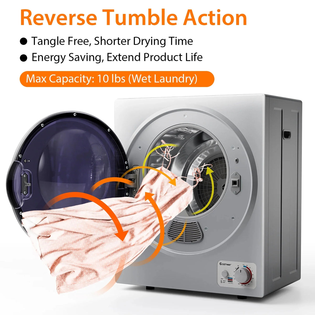 Costway Compact Electric Laundry Dryer, 1.5 cu. ft., 10 lbs, Stainless Steel - Wall Mounted