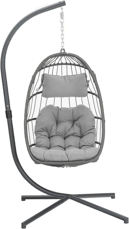 Yechen Indoor Outdoor Wicker Hanging Egg Chair With Stand, 38 x 38 x 78 Inches, 350 lbs, Charcoal Grey - EG-001