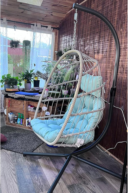 Yechen Indoor Outdoor Wicker Hanging Egg Chair With Stand, 38 x 38 x 78 Inches, 350 lbs, Charcoal Grey - EG-001